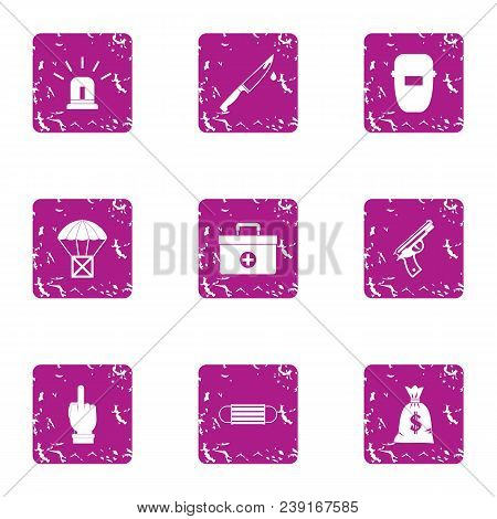 Working Atmosphere Icons Set. Grunge Set Of 9 Working Atmosphere Vector Icons For Web Isolated On Wh