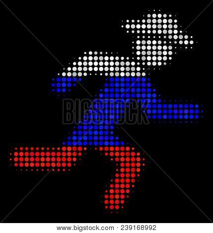 Halftone Running Gentleman Pictogram Colored In Russia Official Flag Colors On A Dark Background. Ve
