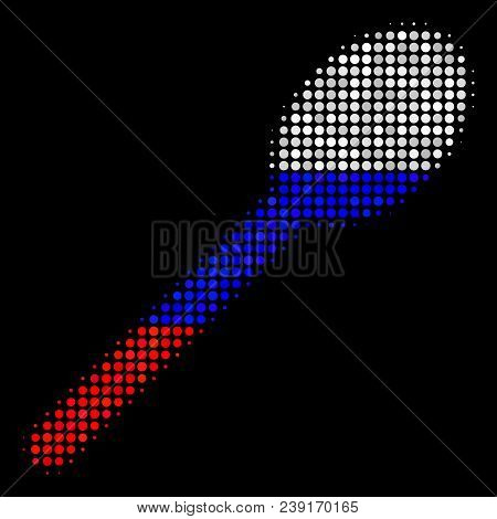 Halftone Spoon Pictogram Colored In Russia State Flag Colors On A Dark Background. Vector Pattern Of