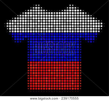 Halftone T-shirt Pictogram Colored In Russian Official Flag Colors On A Dark Background. Vector Mosa