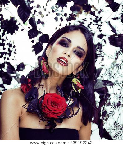 Pretty Brunette Woman With Rose Jewelry, Black And Red, Bright Make Up Kike A Vampire Closeup Red Li