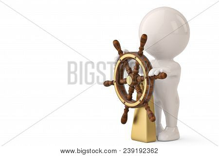 3D Character Man And At A Helm Helmsman.3D Illustration.