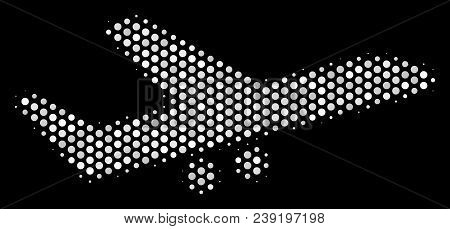Pixel White Aiplane Icon On A Black Background. Vector Halftone Composition Of Aiplane Icon Combined