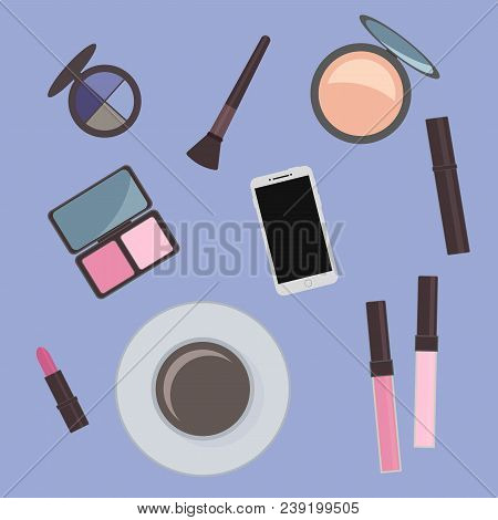 Flat Lay Cosmetics Accessories And Cup Of Coffee. Vanity Table. Concept Of Beauty, Fashion, Glamour.