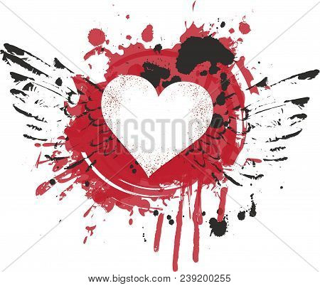Vector Graphic Abstract Illustration Of Heart With Wings With Red Ink Blots, Drops. Heart And Wings 