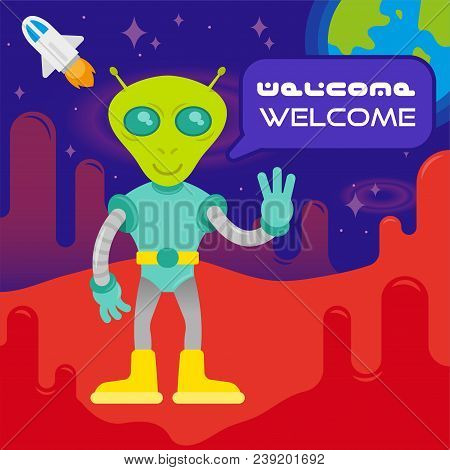 Cute Friendly In Space Suit Alien Astronaut  From Mars Or Another Galaxy Planet Say Welcome. Coloniz