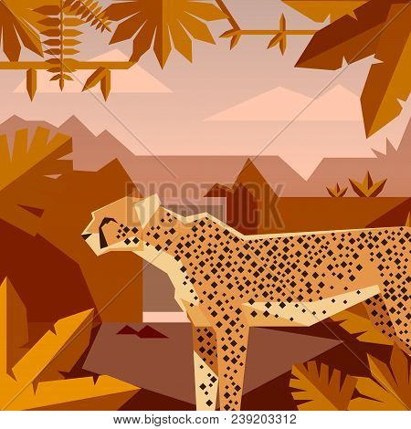 Vector Image Of The Flat Geometric Jungle Background With Cheetah