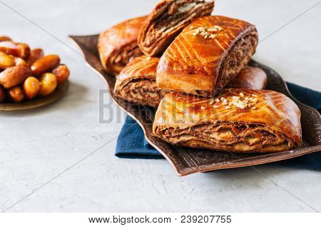 Traditional Turkish Pastry Roll With Chocolate And Nuts Filling - Pastich Served On A Vintage Tray A