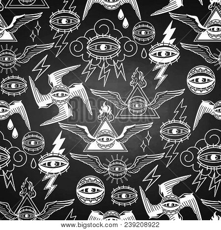 Graphic Pattern Of All-seeing Eye With Wings, Clouds, And Falming Triangle. Vector Art For Old Schoo