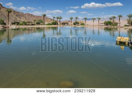 Timna, Israel - April 22, 2018: Artificial Freshwater Lake Is The Heart Of Recreation And Resting Ar