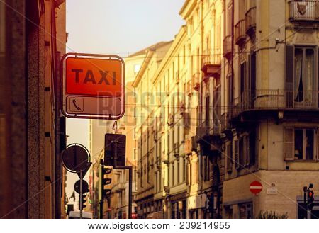 Taxi Sign, Turin Street Taxi Stop, Italy