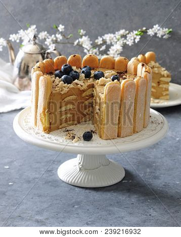 No Bake Chocolate Charlotte Cake With Fresh Blueberries.