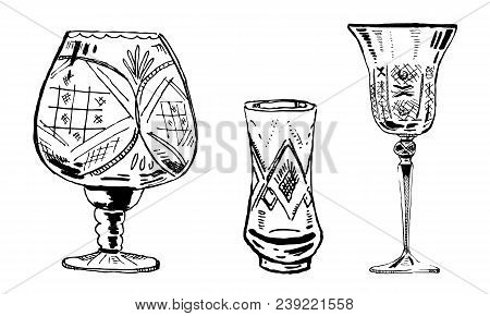 Vector Hand Drawn Ink Set Of Wineglasses On White Background