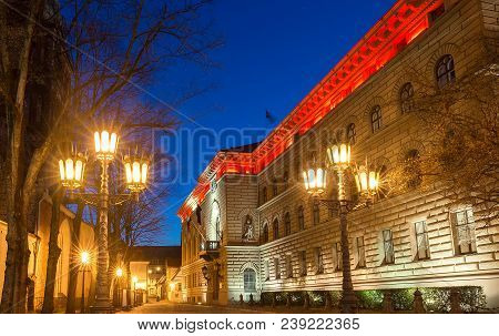Parliament Of Latvia Building In The Evening, Jekaba Street, Old Town Riga.