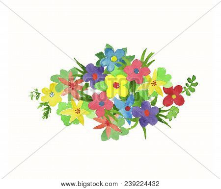 Bouquet Of Watercolor Simlpe Flat Flowers. Primitive Flowers For Design. Bright Watercolor Illustrat