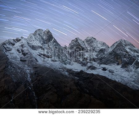 Kangtega And Thamserku Mountain Night View In Sagarmatha National Park, Nepal, Himalayas
