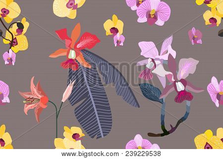 Trendy Stripped Pattern With Blooming Orchids, Lilies And Leaves.