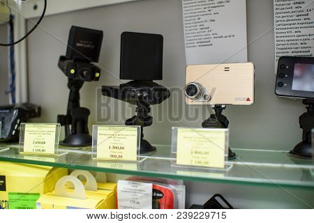 Vichuga, Russia - April 21, 2018: Dash Cameras On Store Shelves
