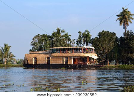 Alleppey, India - November 7, 2016: Tourists On Houseboat Floating On Backwaters In Kerala State, So