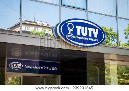 Ostrava, Czech Republic - May 5, 2018: The Blue Logo Of Tempo Tuty Chain Shops In Ostrava - Poruba, 