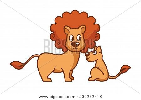Father Lion With Thick Mane And Little Lionet. Wild Predators From Savannah. King Of Animals With Hi