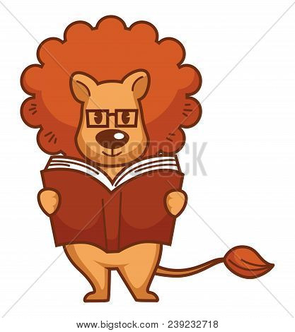 Lion With Big Mane In Glasses Reads Book. King Of Animals Leran New Information. Wild Predator As Ch