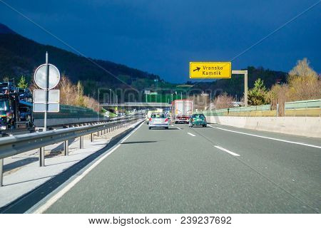 Highway A1, Slovenia - 8 April 2018 - Highway Exit Vransko On The A1 Highway In Slovenia. Slovenia I