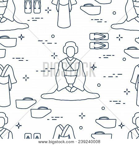 Seamless Pattern With Asian Woman, Traditional Japanese Clothing, Shoes. Travel And Leisure.