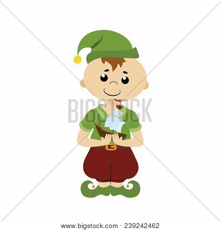 Cute Gnome With A Toy Ship And Green Hat