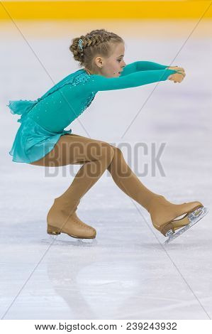 Minsk, Belarus -april 22, 2018: Female Figure Skater From Belarus Dariya Puseva Performs Cubs A Girl