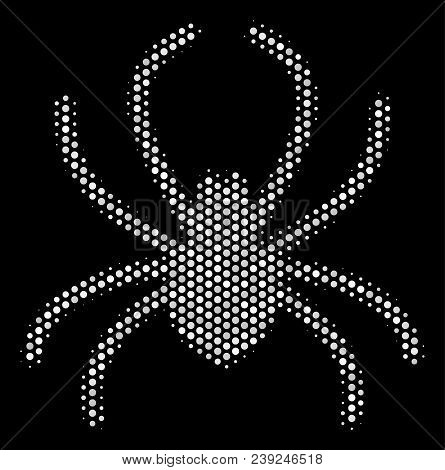 Dot White Spider Icon On A Black Background. Vector Halftone Concept Of Spider Icon Formed With Circ