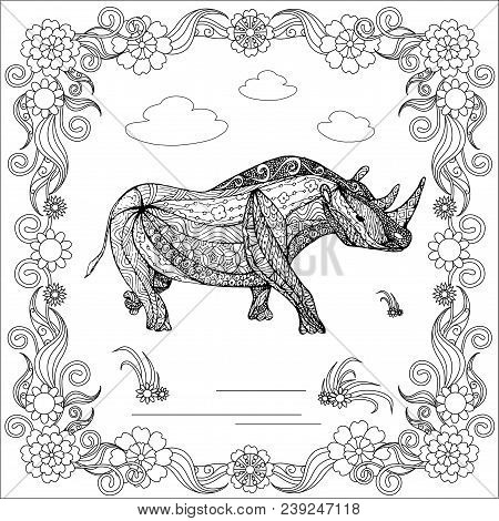 Zentangle Style Monochrome Sketch Rhinoceros In Floral Frame, Coloring Page Antistress Stock Vector 