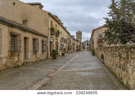 Begins To Snow In A Street In Pedraza, Medieval Town In Segovia, Spain