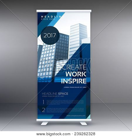 Abstract Blue Standee Vector Roll Up Banner Design Template