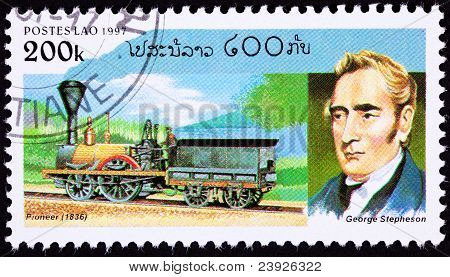 Annullato il Laos francobollo della ferrovia locomotiva vapore George Stephenson