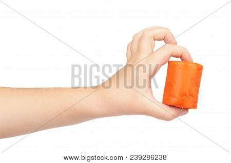 Orange Plasticine Bar With Kid Hand, Isolated On White Background.