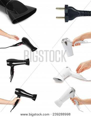 Set Of Different Black And White Plastick Hair Dryer With Hand. Isolated On White Background. Home A