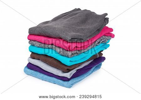 Pile Of Multi Color Fabric Texture, Wool Cloth Isolated On White Background.