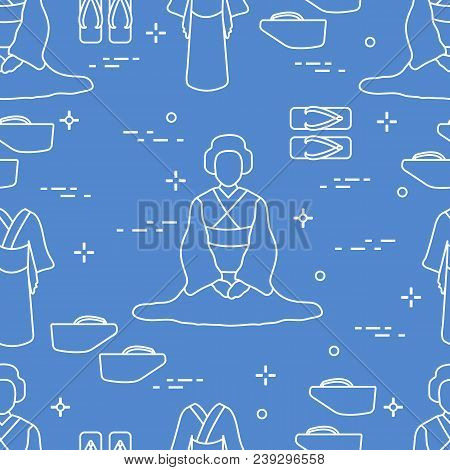 Seamless Pattern With Asian Woman, Traditional Japanese Clothing, Shoes. Travel And Leisure.