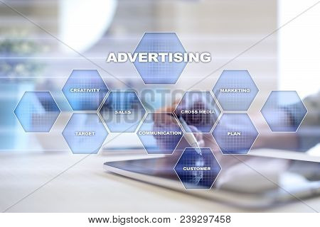 Avertising, Marketing Strategy. Icons And Graphs On Virtual Screen. Business, Internet And Technolog