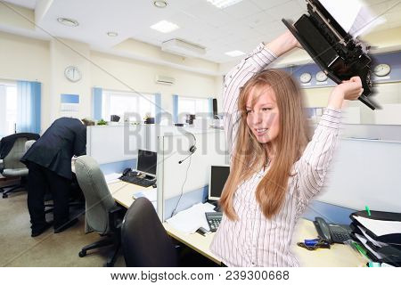 Collage with girl in irritation throws typewriter in big light office