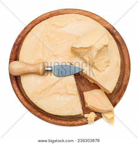 Whole Round Head And Pieces Of Parmesan Or Parmigiano Hard Cheese
