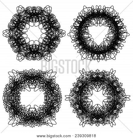 Monochrome Guilloche Design Elements, Set Of Four Isolated Motifs, Black Line On White Background, V