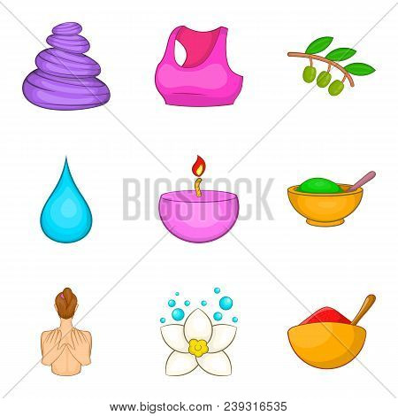 Yoga Stuff Icons Set. Cartoon Set Of 9 Yoga Stuff Vector Icons For Web Isolated On White Background