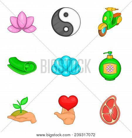 Yoga Activity Icons Set. Cartoon Set Of 9 Yoga Activity Vector Icons For Web Isolated On White Backg