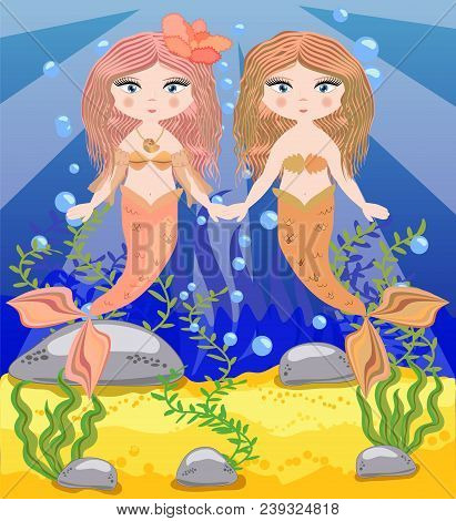 Vector Background With An Underwater World In A Children's Style. A Mermaid Is Sitting On A Rock.