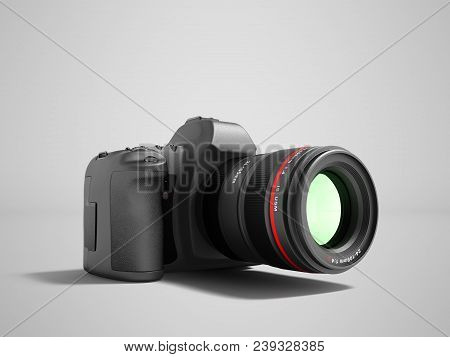 Semiprofessional Zoom Camera With Black Leather Inserts 3d Render On Gray Background With Shadow