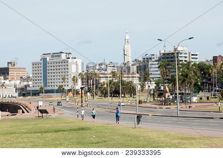 Residential Buildings At Boulevard In Montevideo, Uruguay. Montevideo Is The Capital And The Largest