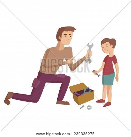 Father Shows Instruments And Teaches Son How To Use It And Repair Smth Vector Cartoon Illustration