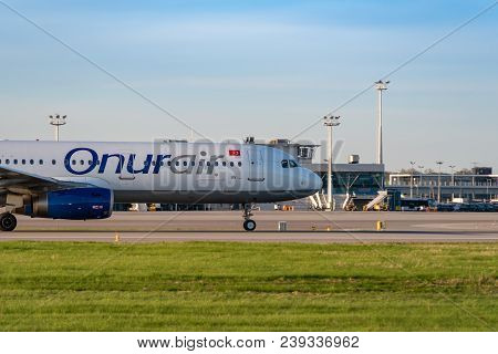 Gdansk, Poland - May 5, 2018: Passenger Plane Of Onurair Taxiing At Lech Walesa Airport In Gdansk.